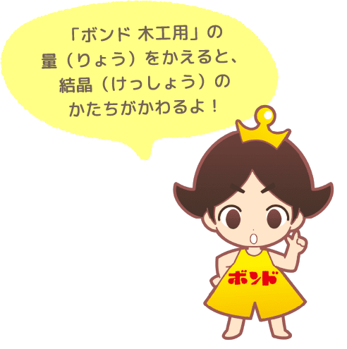 「ボンド 木工用」の量（りょう）をかえると、結晶（けっしょう）のかたちがかわるよ！